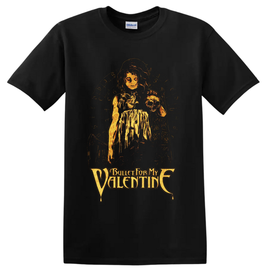 Bullet for My Valentine gothic woman and skull graphic with distressed logo lettering on a Black T Shirt
