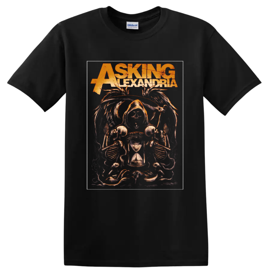Asking Alexandria distressed gothic graphic with hooded skeleton, skulls, and hourglass on a Black T Shirt