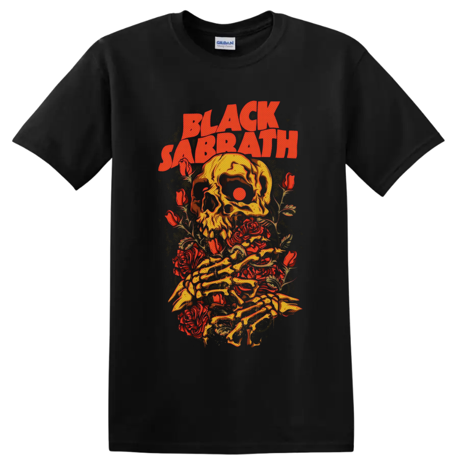 Black Sabbath vintage skull and red roses graphic with skeletal hands on a Black T Shirt