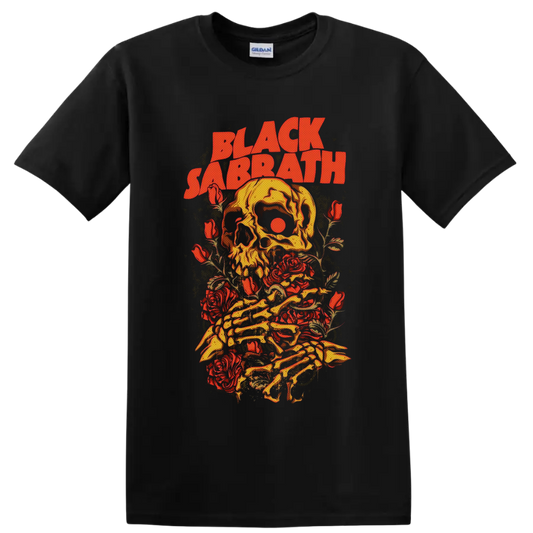 Black Sabbath vintage skull and red roses graphic with skeletal hands on a Black T Shirt