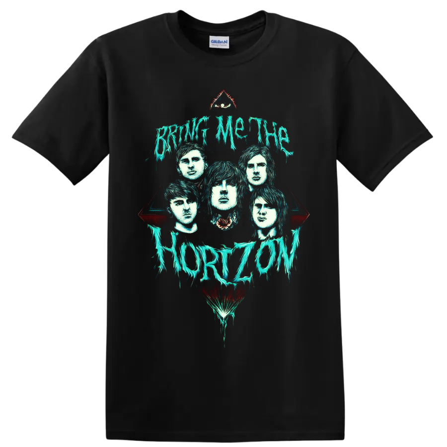 Bring Me the Horizon portraits with dripping turquoise text and gothic eye motif on a Black T Shirt