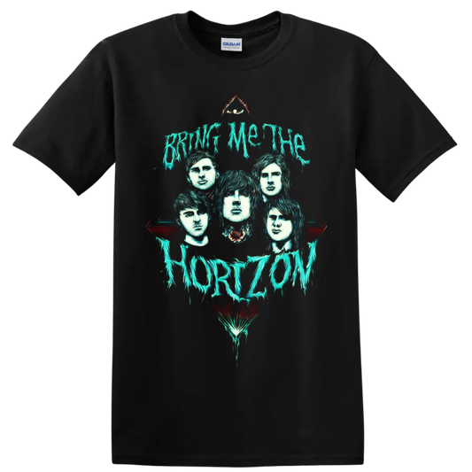 Bring Me the Horizon portraits with dripping turquoise text and gothic eye motif on a Black T Shirt
