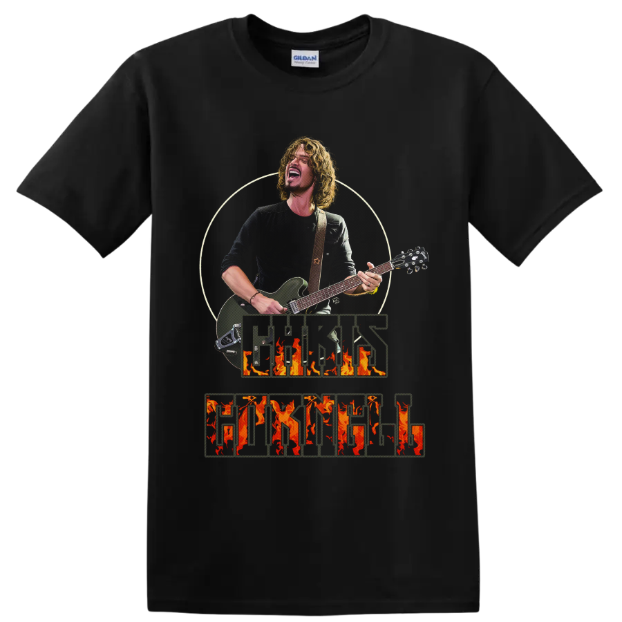 Chris Cornell guitar performance portrait with distressed flaming name lettering on a Black T Shirt