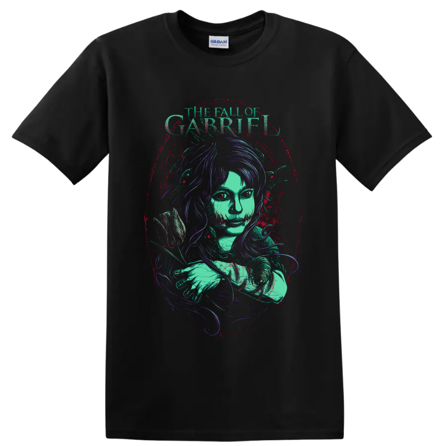 The Fall of Gabriel gothic woman with rose in distressed teal, purple, and red art on a Black T Shirt