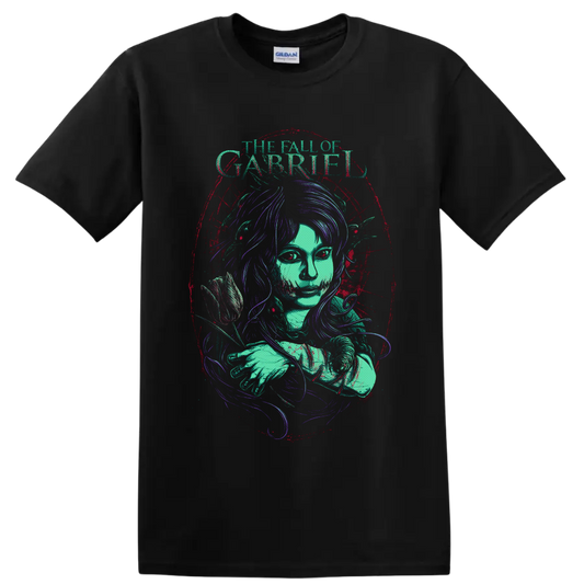 The Fall of Gabriel gothic woman with rose in distressed teal, purple, and red art on a Black T Shirt