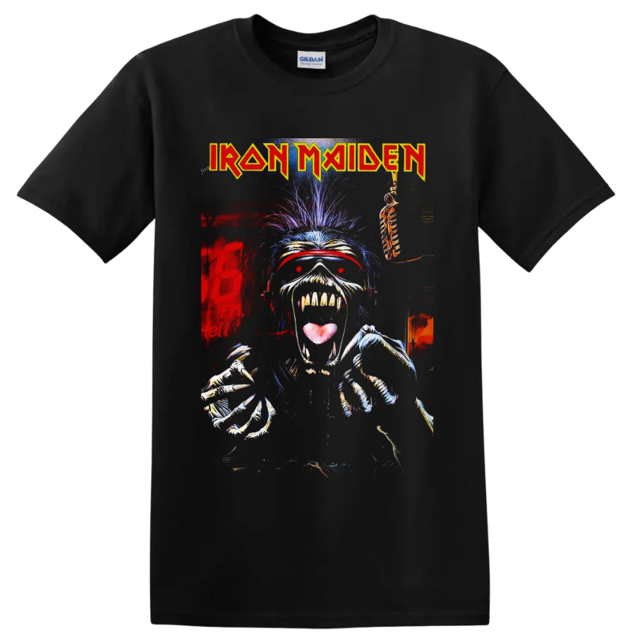 Iron Maiden Eddie the Head skeletal horror-metal graphic with band logo on a Black T Shirt