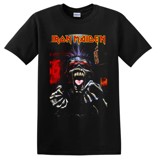 Iron Maiden Eddie the Head skeletal horror-metal graphic with band logo on a Black T Shirt