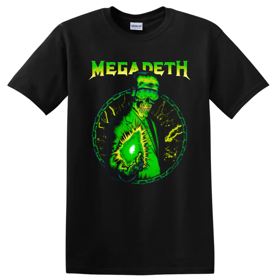 Megadeth Vic Rattlehead neon green distressed metal graphic with visor and glowing object on a Black T Shirt