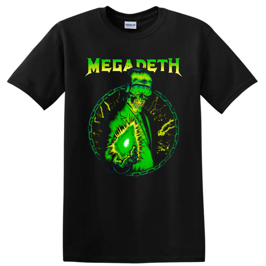 Megadeth Vic Rattlehead neon green distressed metal graphic with visor and glowing object on a Black T Shirt