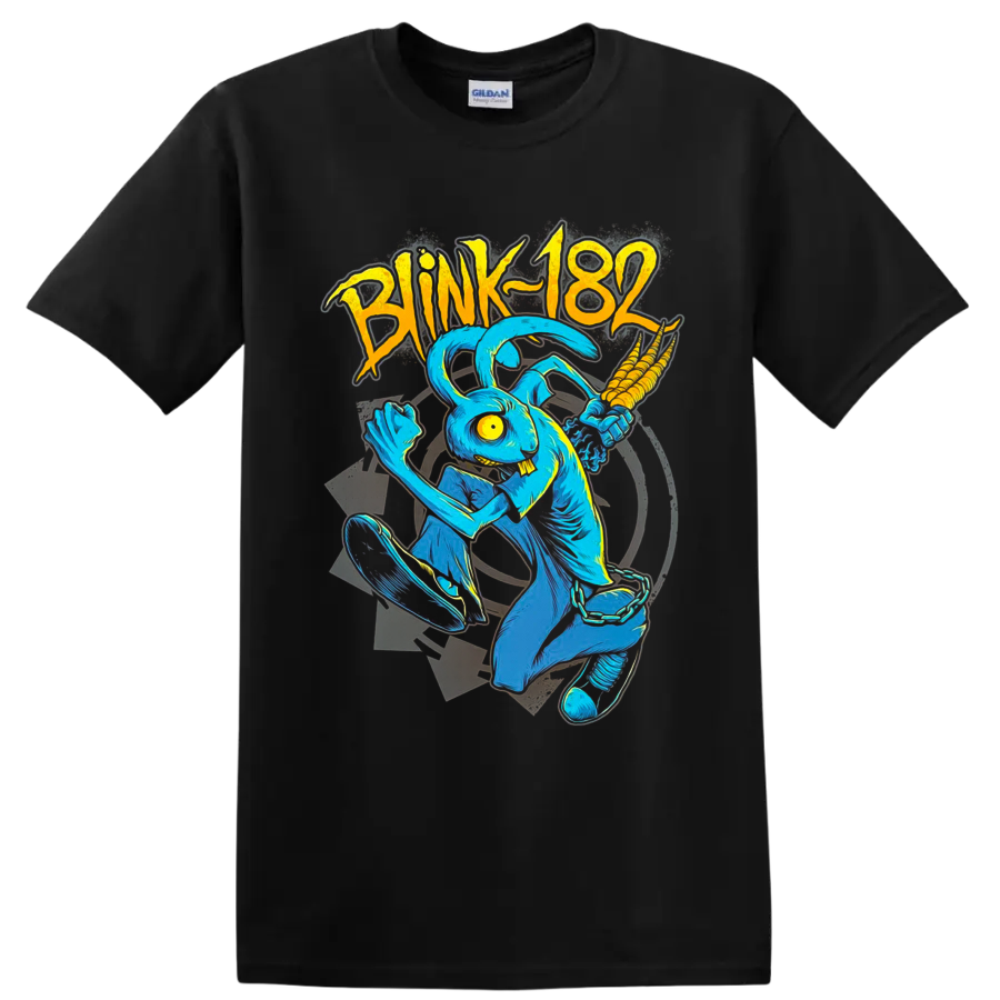 Blink-182 blue rabbit mascot skateboarding in vivid retro punk comic art on a Black T Shirt