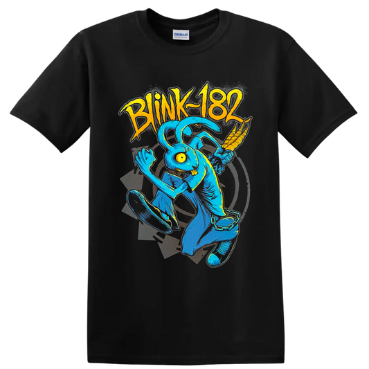 Blink-182 blue rabbit mascot skateboarding in vivid retro punk comic art on a Black T Shirt