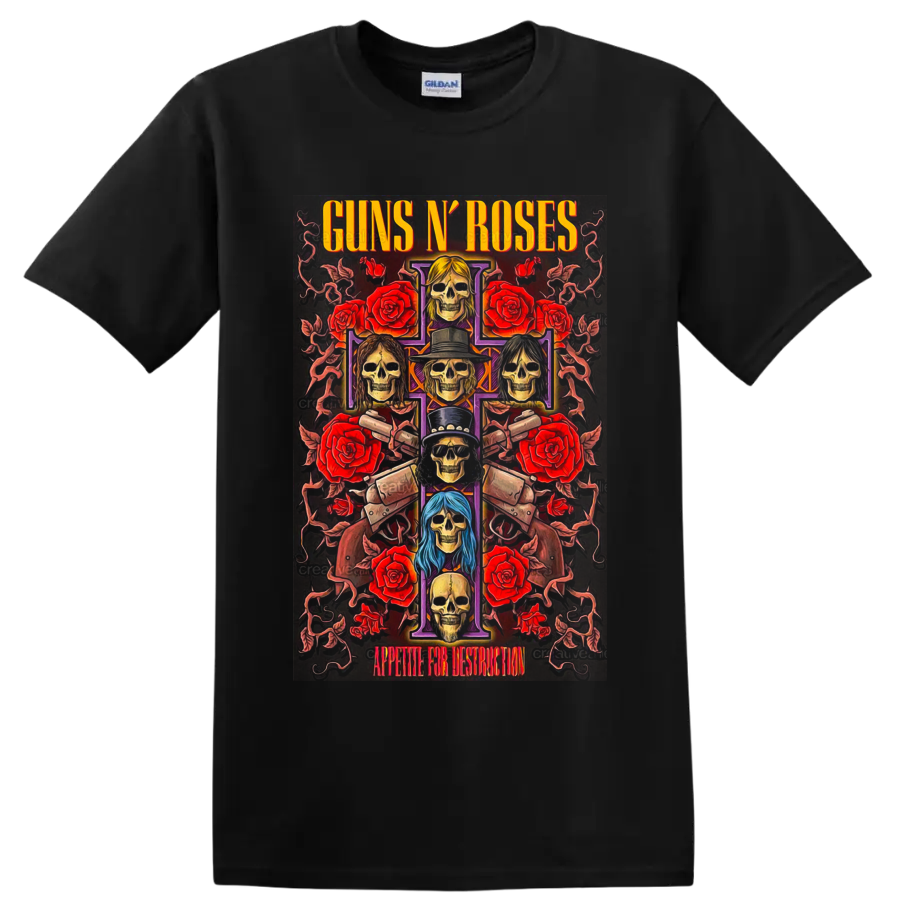 Guns N' Roses Appetite for Destruction skull cross with roses and pistols on a Black T Shirt