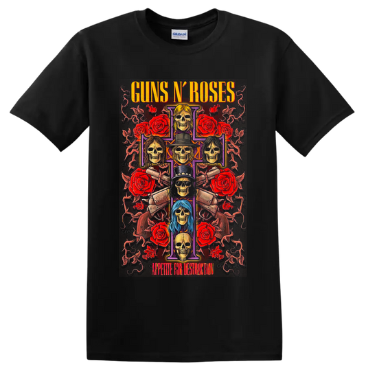Guns N' Roses Appetite for Destruction skull cross with roses and pistols on a Black T Shirt