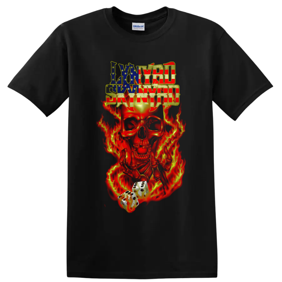 Lynyrd Skynyrd American flag lettering with flaming skull and dice graphic on a Black T Shirt