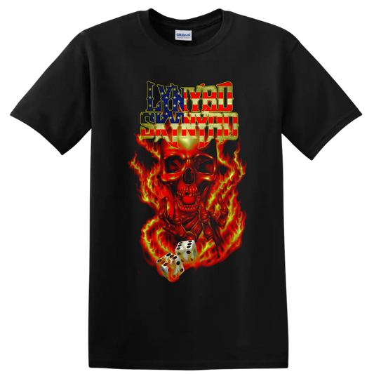 Lynyrd Skynyrd American flag lettering with flaming skull and dice graphic on a Black T Shirt
