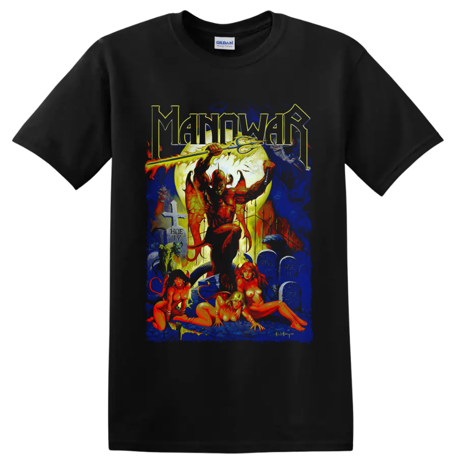 Manowar Hell on Earth IV heavy metal fantasy warrior and cemetery graphic on a Black T Shirt
