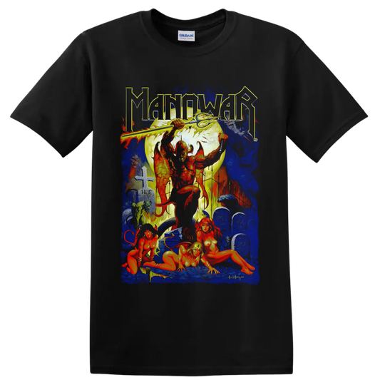 Manowar Hell on Earth IV heavy metal fantasy warrior and cemetery graphic on a Black T Shirt
