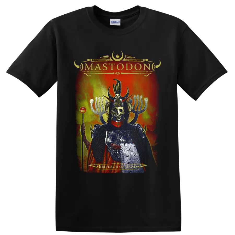 Mastodon Emperor of Sand distressed album art with skeletal horned ruler and fiery on a Black T Shirt