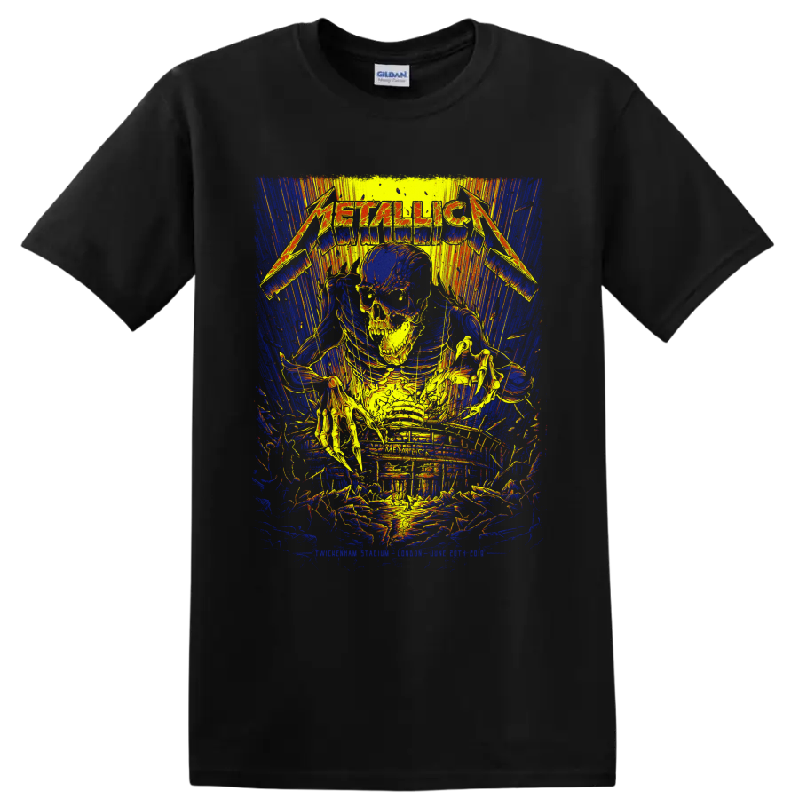 Metallica logo over a skull and skeleton in distressed neon concert-poster artwork on a Black T Shirt