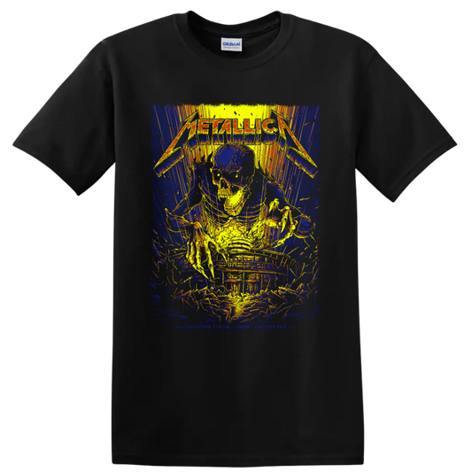 Metallica logo over a skull and skeleton in distressed neon concert-poster artwork on a Black T Shirt