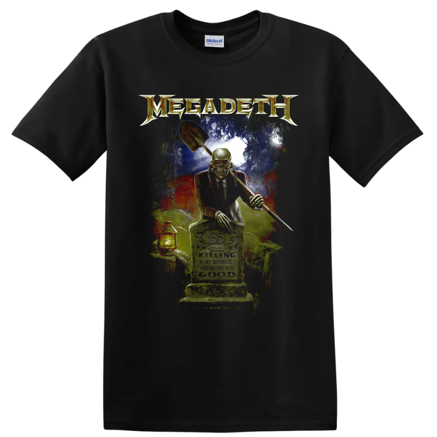 Megadeth Vic Rattlehead graveyard graphic with shovel, lantern, and distressed metal art on a Black T Shirt