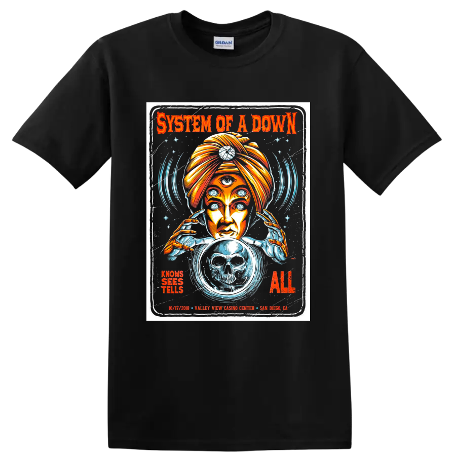 System of a Down concert poster art with psychic, skull crystal ball, and spiral eyes on a Black T Shirt
