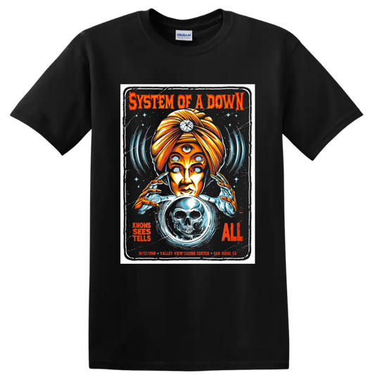 System of a Down concert poster art with psychic, skull crystal ball, and spiral eyes on a Black T Shirt