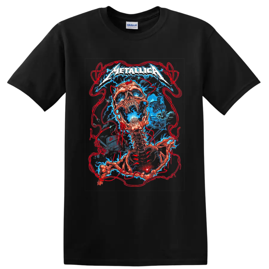 Metallica logo over surreal skull and skeleton concert art with electric blue energy on a Black T Shirt