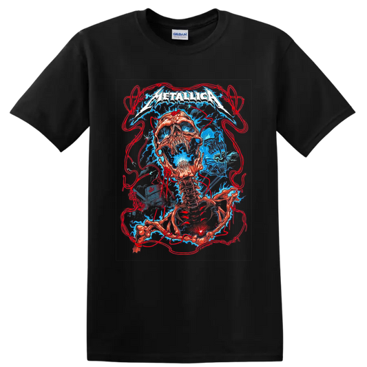 Metallica logo over surreal skull and skeleton concert art with electric blue energy on a Black T Shirt