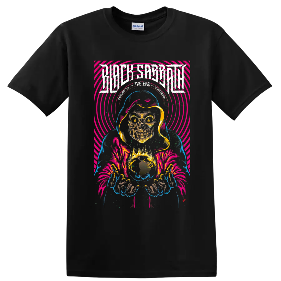 Black Sabbath The End Tour hooded skull reaper with neon psychedelic rings on a Black T Shirt