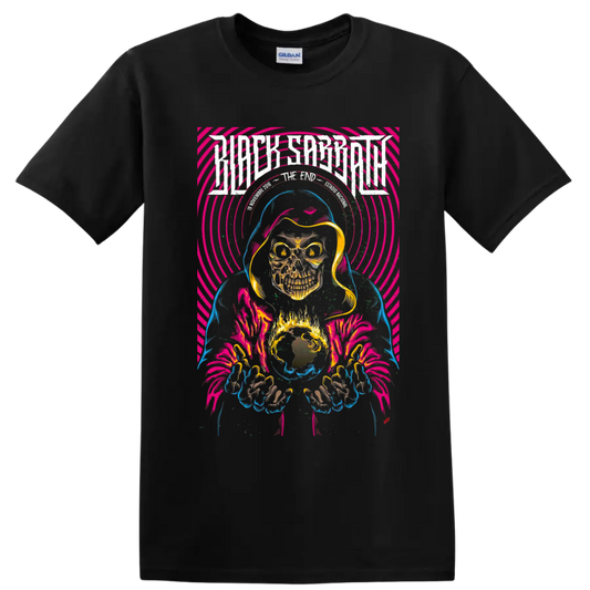 Black Sabbath The End Tour hooded skull reaper with neon psychedelic rings on a Black T Shirt