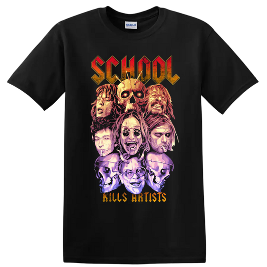 School Kills Artists gothic horror collage with skulls and illustrated faces on a Black T Shirt