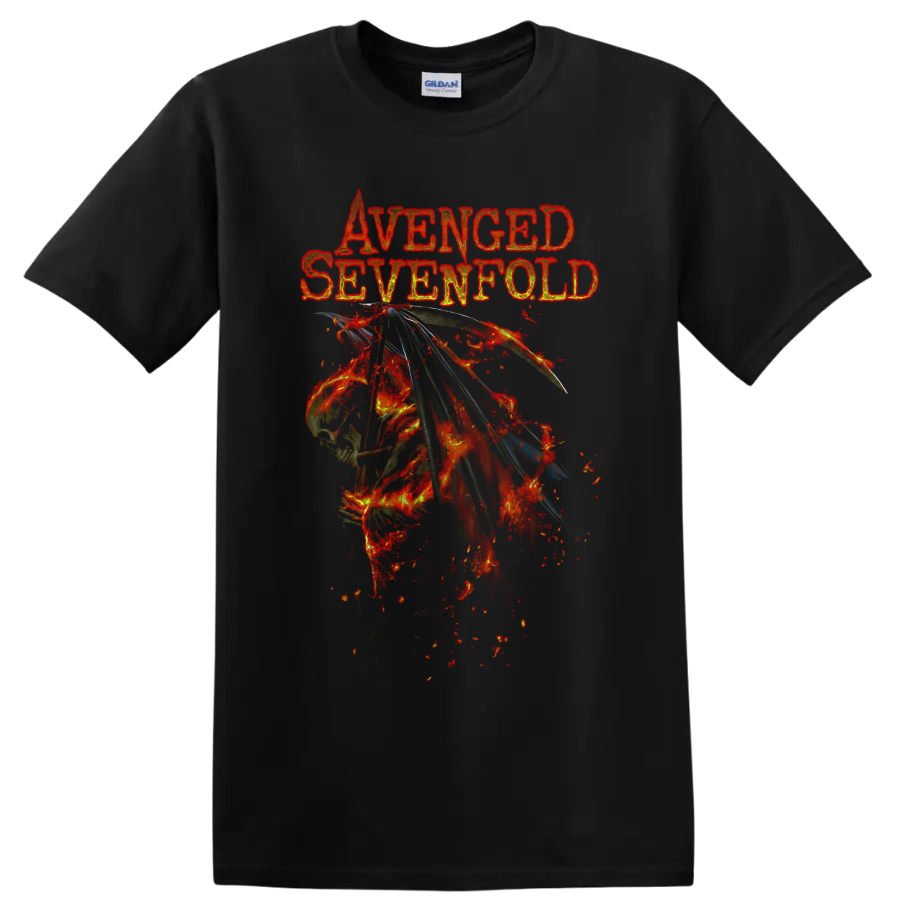 Avenged Sevenfold distressed lettering above fiery winged skeleton metal artwork on a Black T Shirt