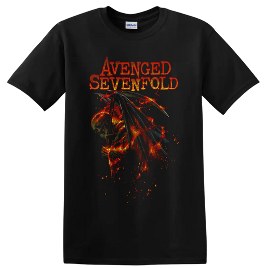 Avenged Sevenfold distressed lettering above fiery winged skeleton metal artwork on a Black T Shirt