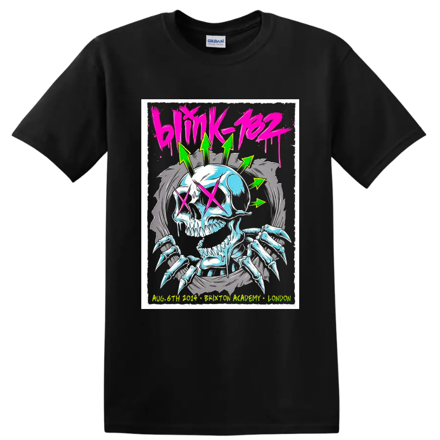 Blink-182 Brixton Academy neon skull concert poster with wings and pink X eyes on a Black T Shirt