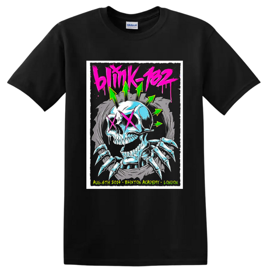 Blink-182 Brixton Academy neon skull concert poster with wings and pink X eyes on a Black T Shirt