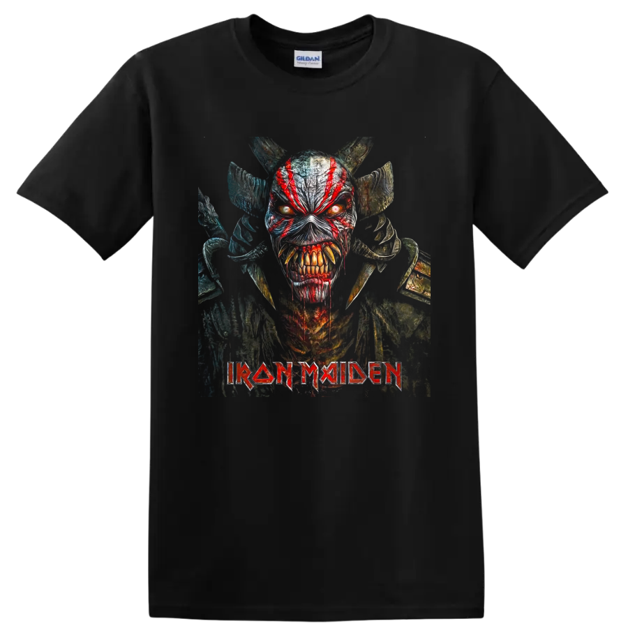 Iron Maiden Eddie horned warrior graphic with glowing eyes and band logo on a Black T Shirt
