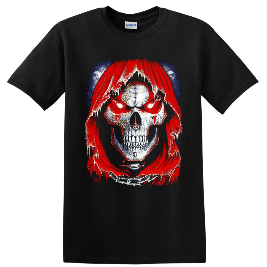 Distressed gothic skull in a tattered red hood with chains and blue accents on a Black T Shirt