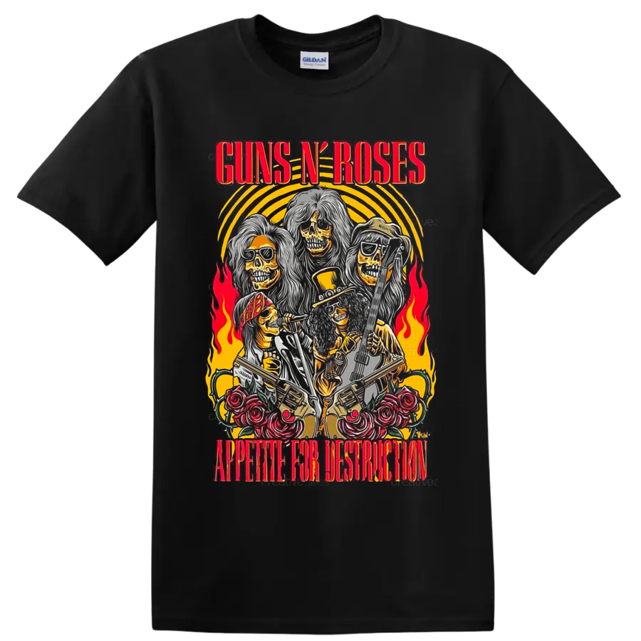 Guns N' Roses Appetite for Destruction skeleton band graphic with guitars, roses and on a Black T Shirt