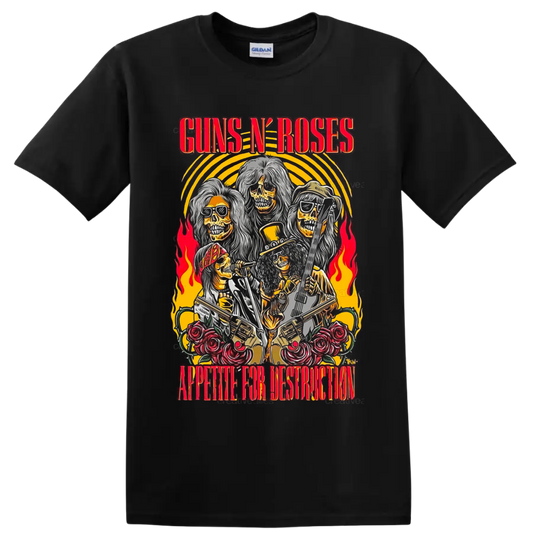 Guns N' Roses Appetite for Destruction skeleton band graphic with guitars, roses and on a Black T Shirt