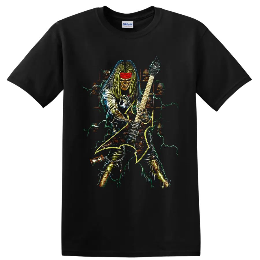 Dimebag Darrell-inspired skeletal guitarist with electric guitar and lightning artwork on a Black T Shirt
