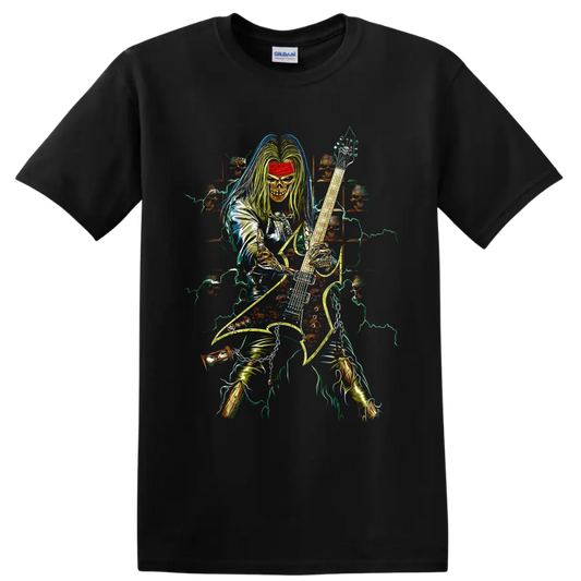 Dimebag Darrell-inspired skeletal guitarist with electric guitar and lightning artwork on a Black T Shirt