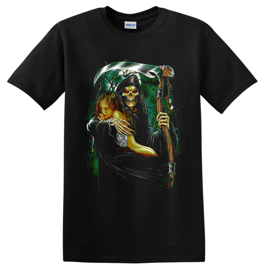Gothic Grim Reaper holding a woman with a skull, red hair, and scythe on a Black T Shirt