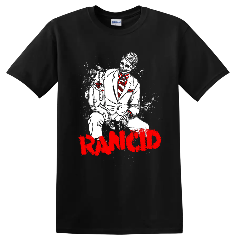 Rancid suited skeleton duo illustration with red tie accents and distressed logo on a Black T Shirt