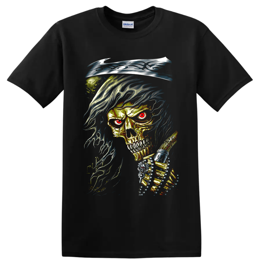 Fiery gothic skull with sweeping blue flame-like dark art illustration on a Black T Shirt
