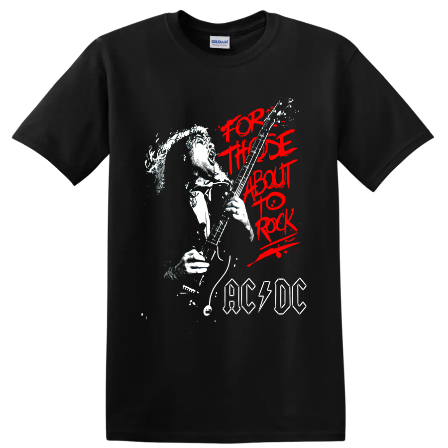 Angus Young guitar illustration with red For Those About to Rock text and AC/DC logo on a Black T Shirt