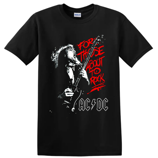 Angus Young guitar illustration with red For Those About to Rock text and AC/DC logo on a Black T Shirt