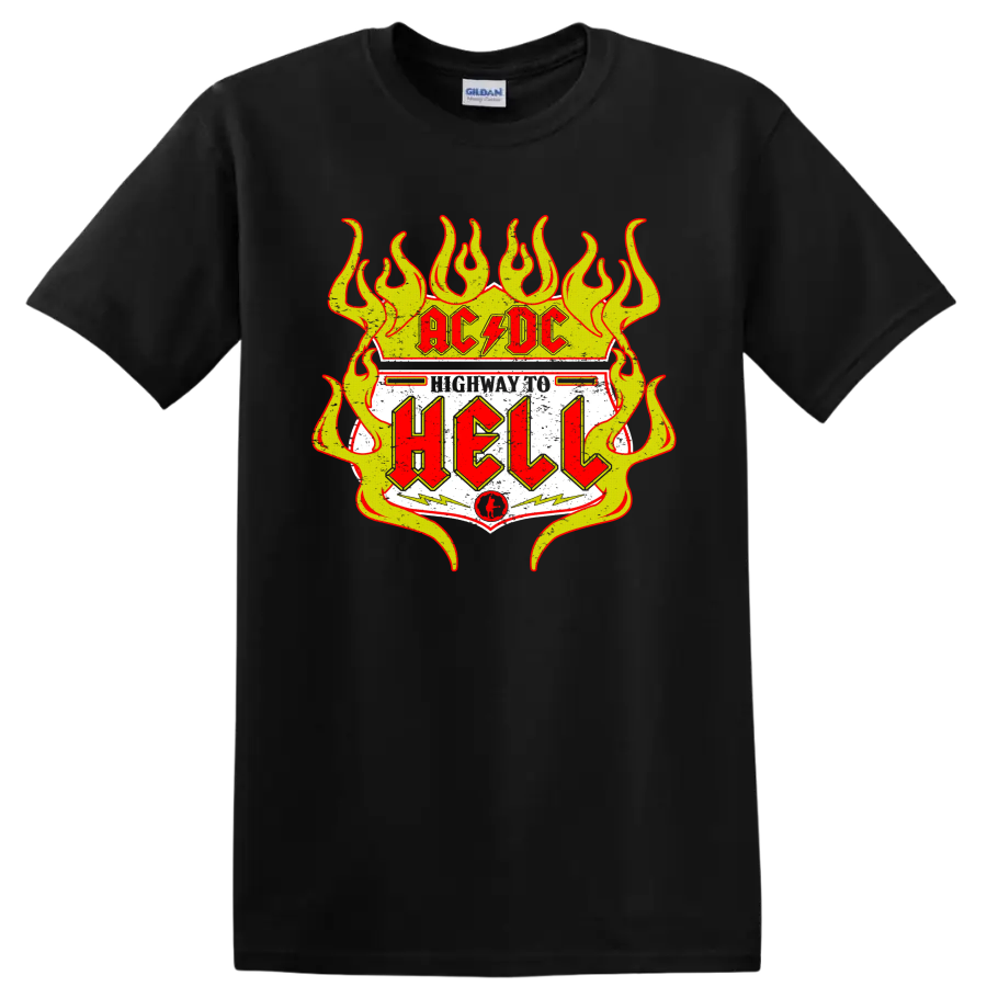 AC/DC Highway to Hell distressed road sign graphic with yellow flames and red lettering on a Black T Shirt