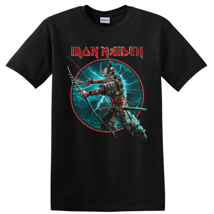 Iron Maiden Eddie the Head samurai archer graphic with lightning and band logo on a Black T Shirt