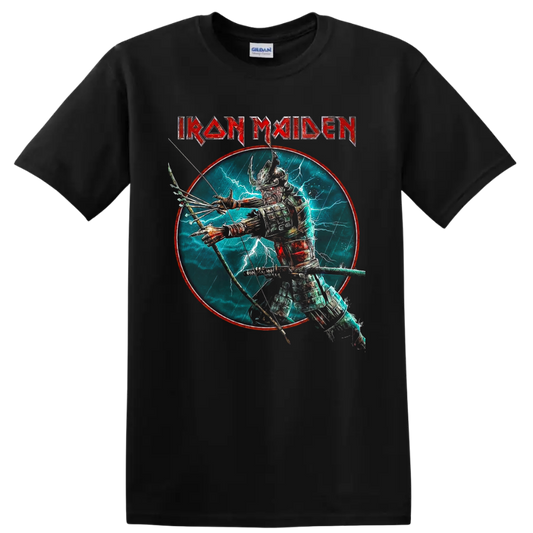 Iron Maiden Eddie the Head samurai archer graphic with lightning and band logo on a Black T Shirt